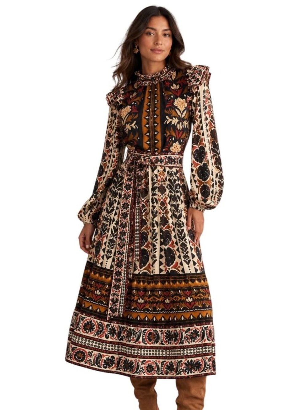 FARM Rio Tapestry Garden High-neck Dress with Belt - Picture 2 of 12